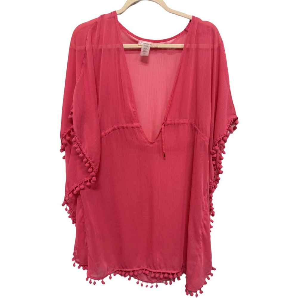 Bleu Rod Beattie Women's Small Pink Pom Pom Swim Cover Up Tunic Kaftan Beach